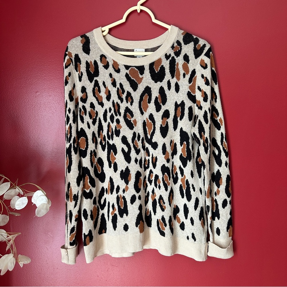 a new day Cream and Black Crew Neck Sweater with Bold Leopard Print